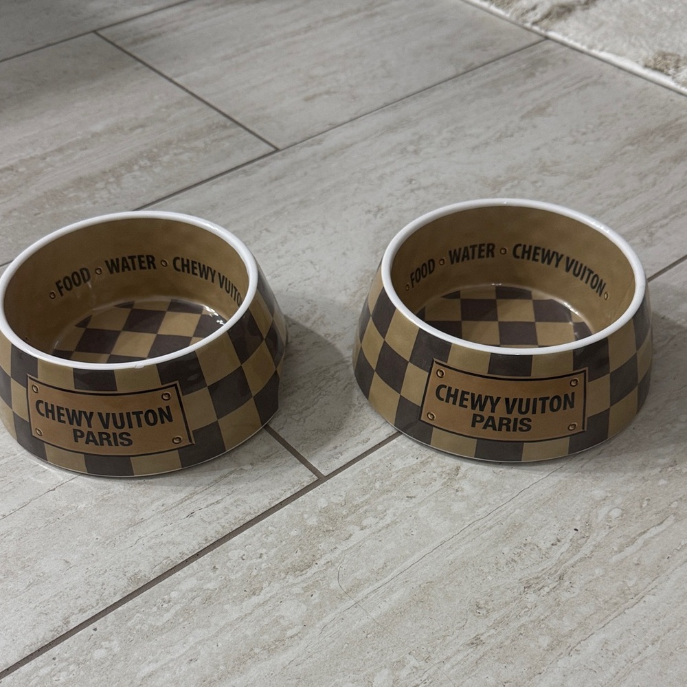 Paris Checkered Dog Bowls - Tan and Black set of 2 medium size